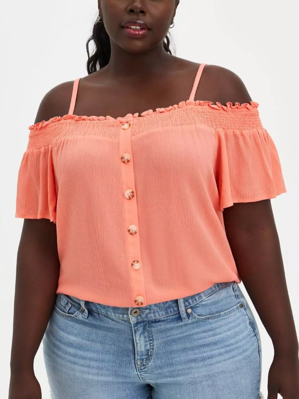 TORRID 0 Plus Size Rayon Crepe Smocked Cold Shoulder Top Coral Orange ish Summer